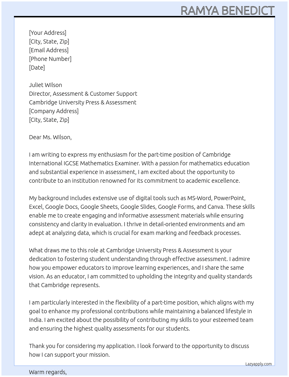 Cambridge International IGCSE Mathematics Examiner At Cambridge University Press & Assessment Cover Letter