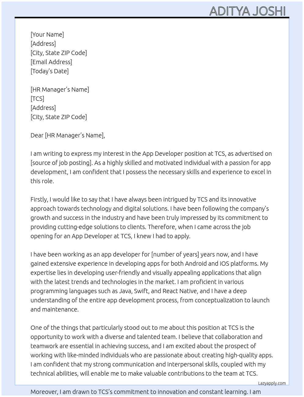 App developer  At TCS Cover Letter