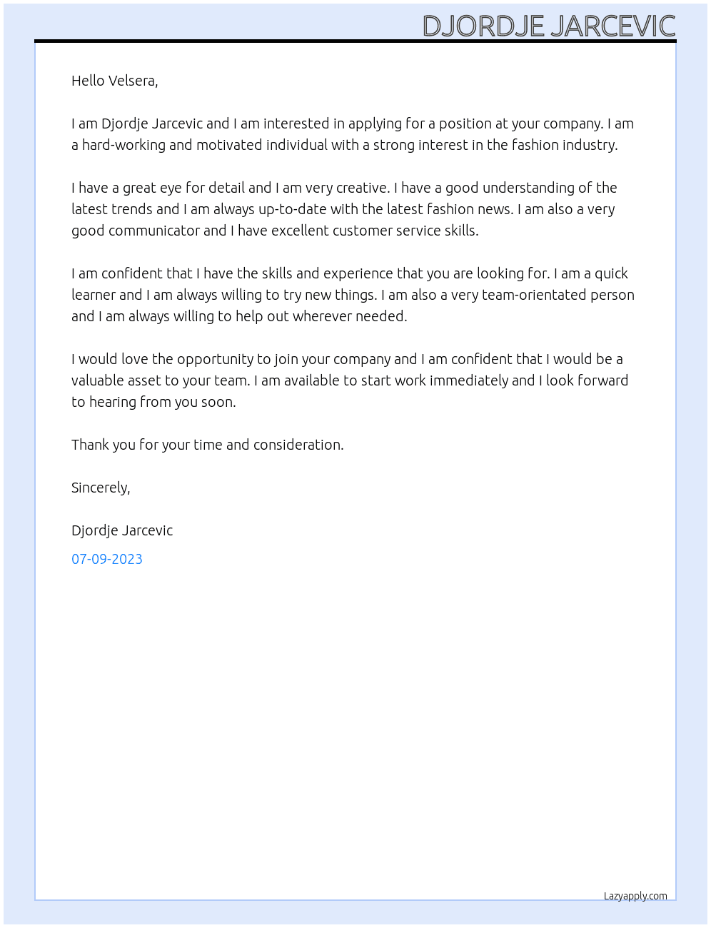 general application At Velsera Cover Letter