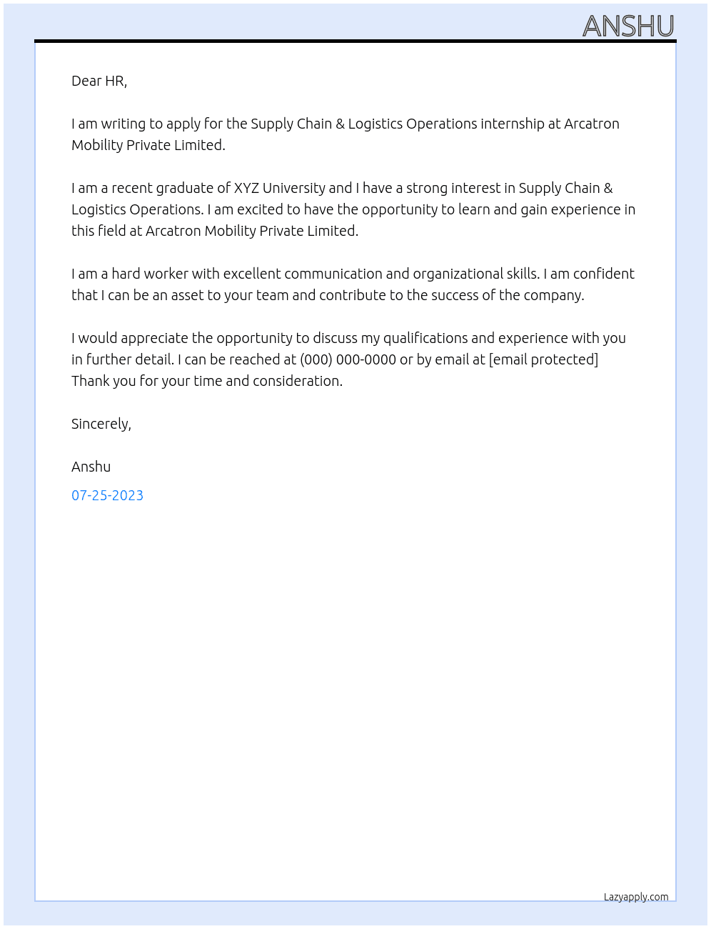  Supply Chain & Logistics Operations internship At Arcatron Mobility Private Limited Cover Letter