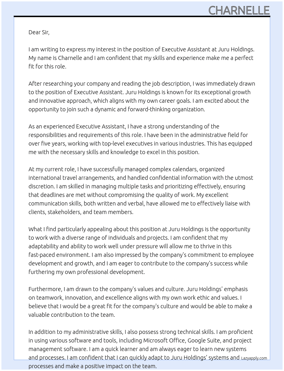 executive assistant At juru holdings Cover Letter