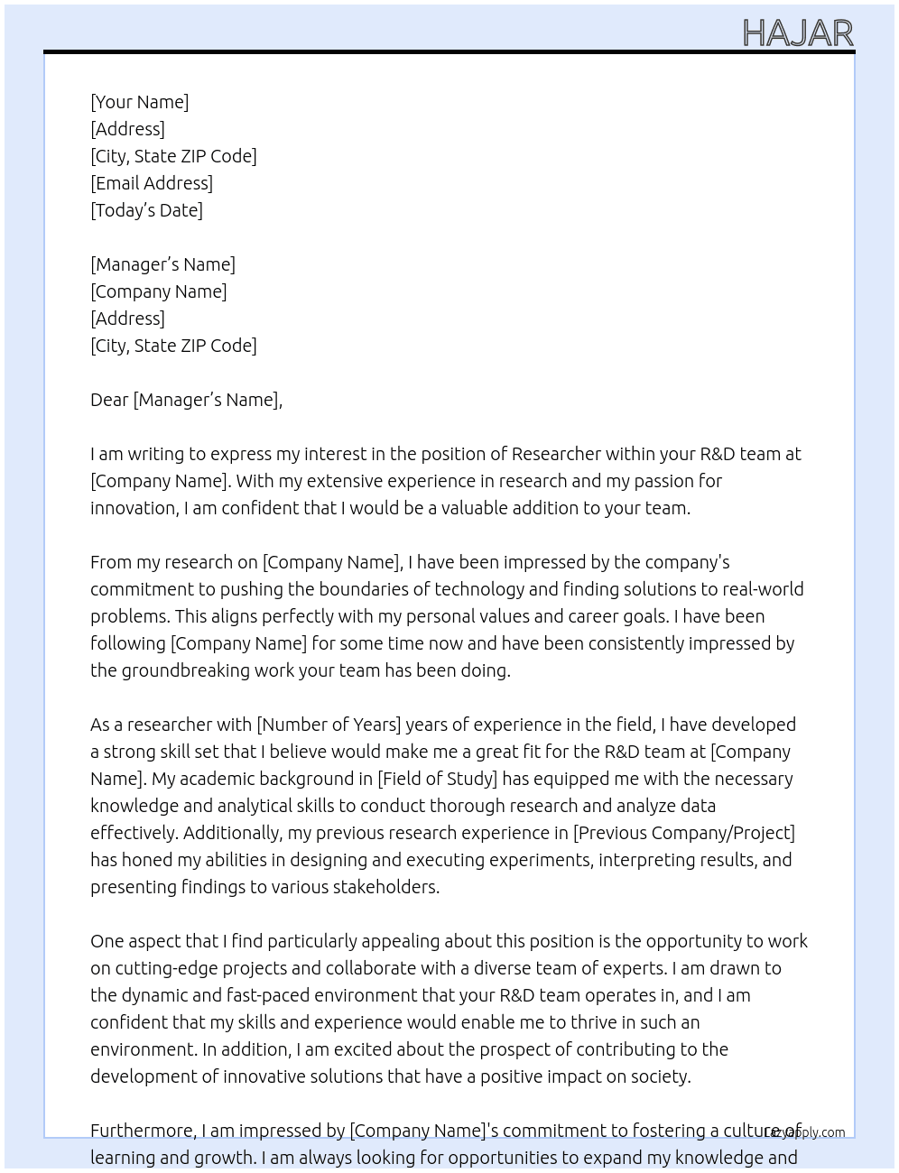 Cover letter for resercher - LazyApply