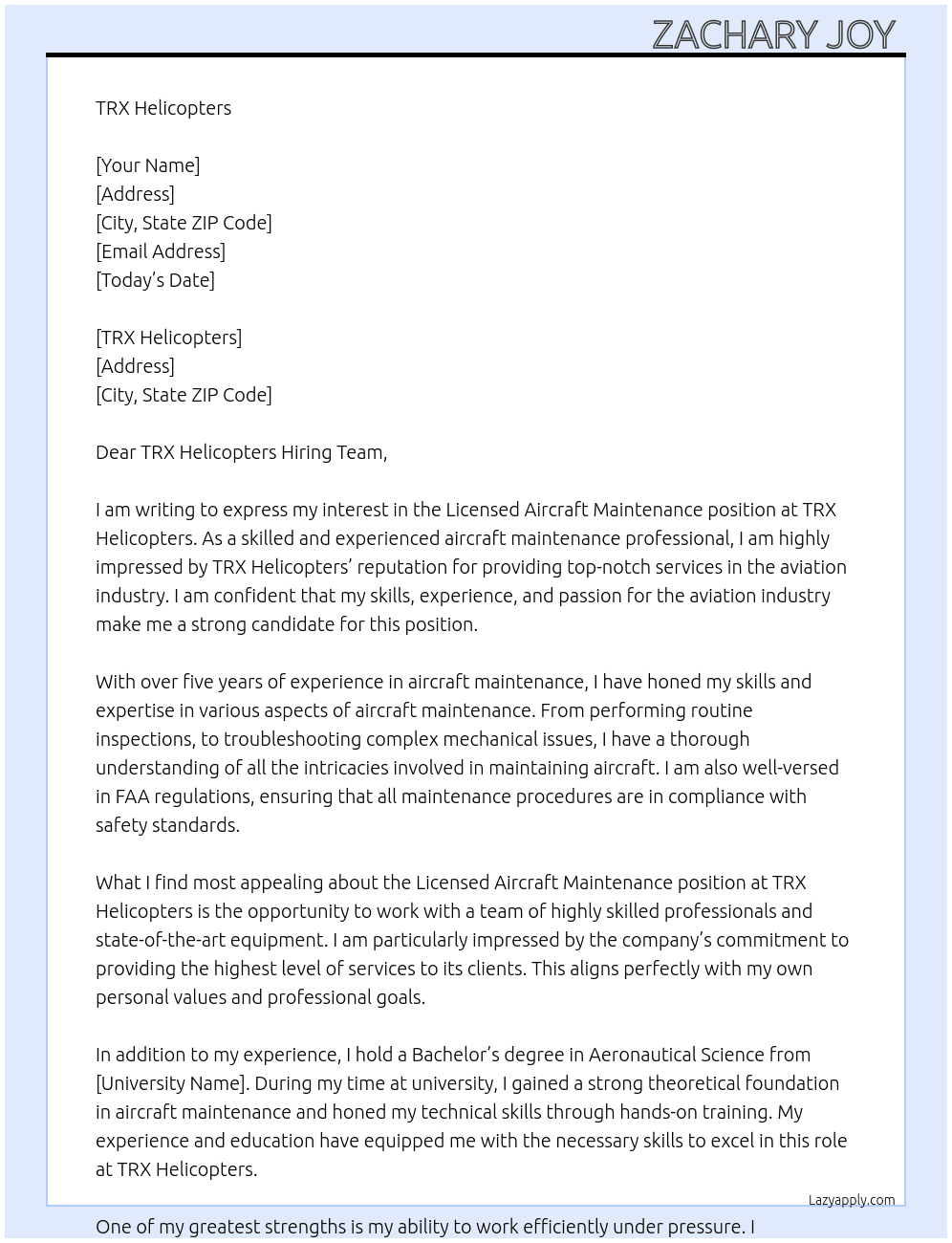 Licensed Aircraft Maintenance At TRX Helicopters Cover Letter