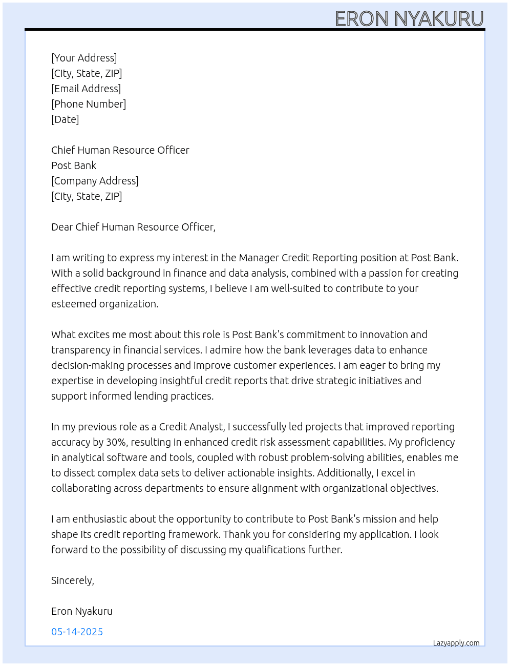 Manager Credit Reporting At Post Bank Cover Letter