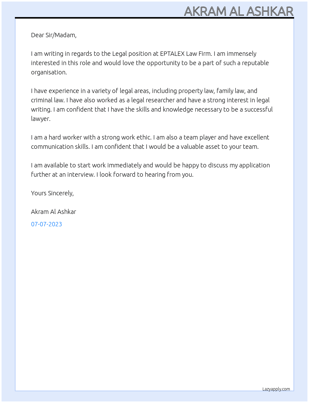 Legal position At EPTALEX Law Firm Cover Letter