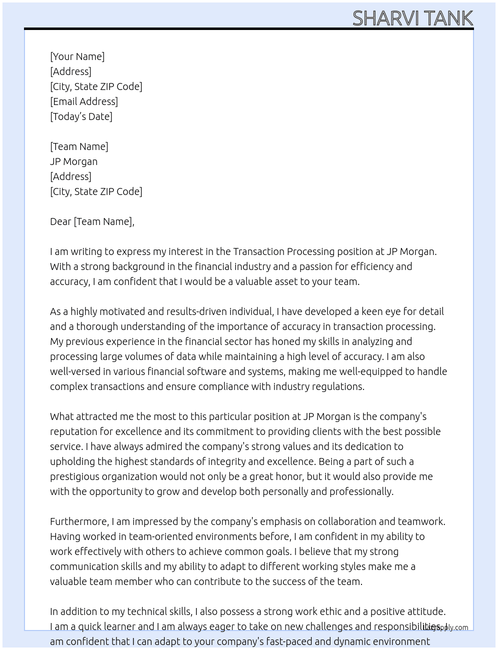 Cover letter for transaction processing - LazyApply