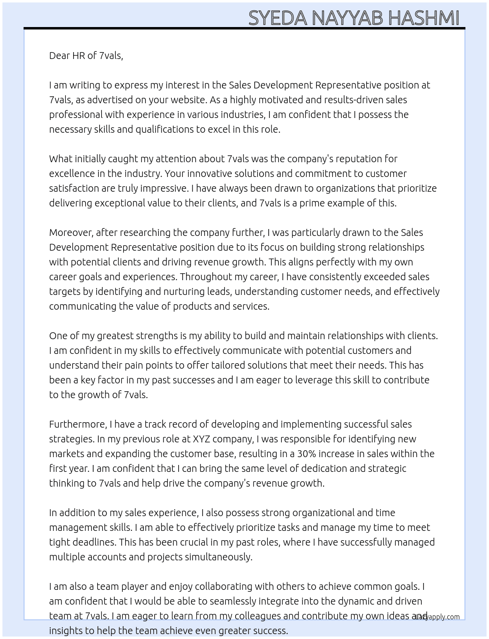 Sales development representative  At 7vals Cover Letter
