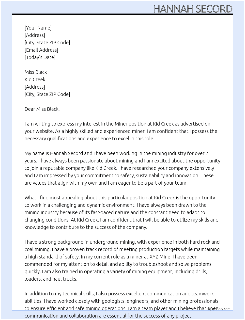 Miner At Kid creek Cover Letter