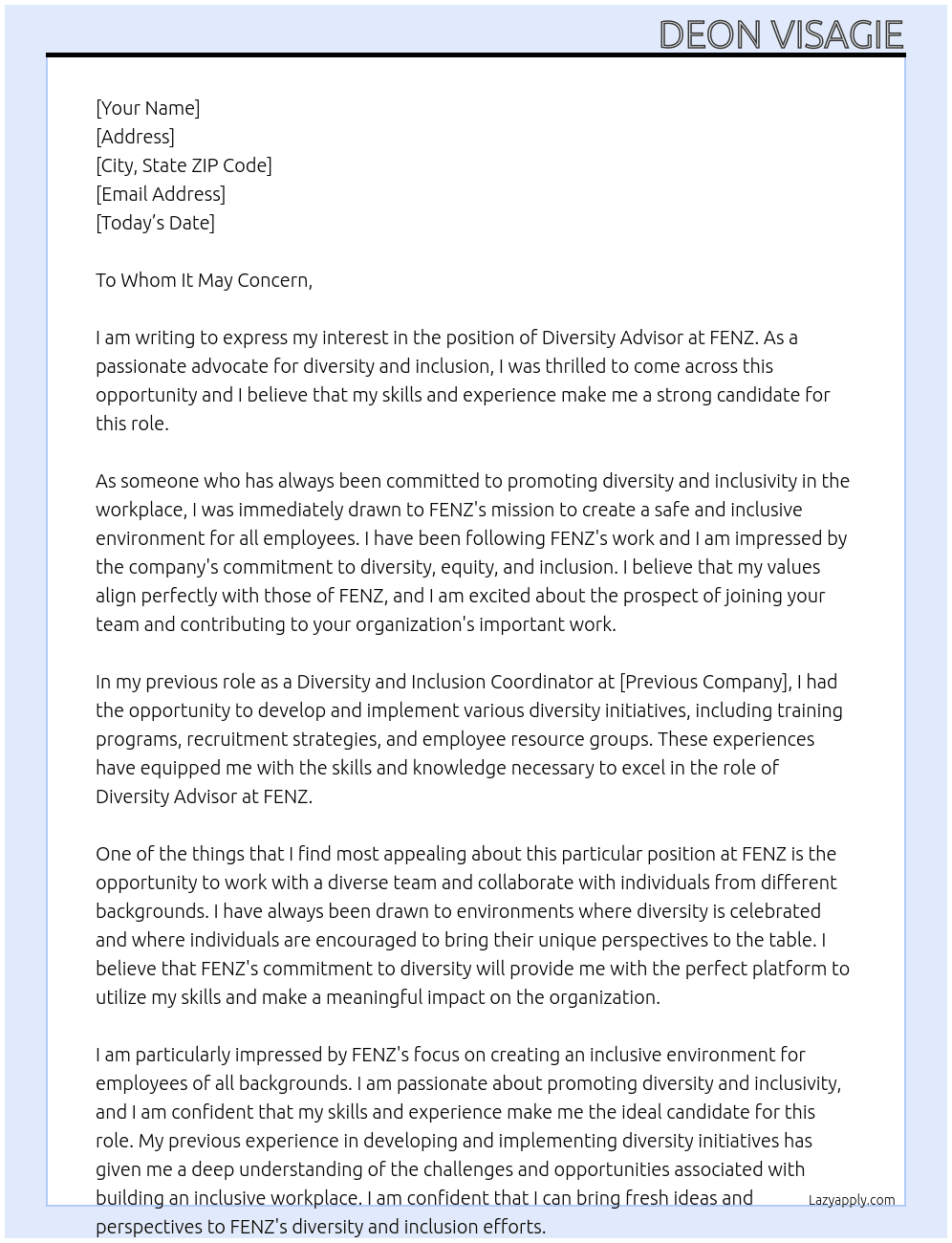 Diversity Advisor At FENZ Cover Letter