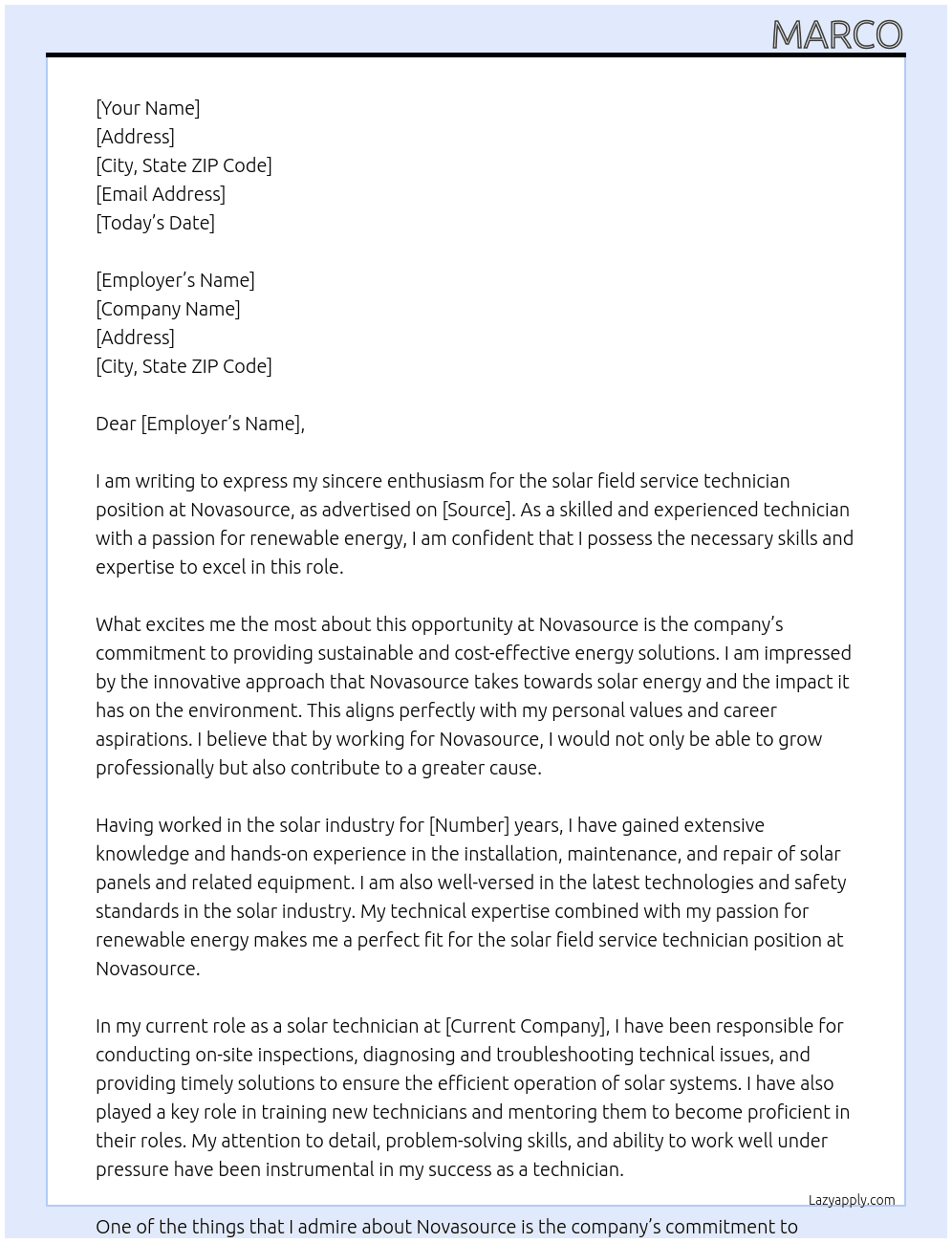 solar field service technician At novasource Cover Letter