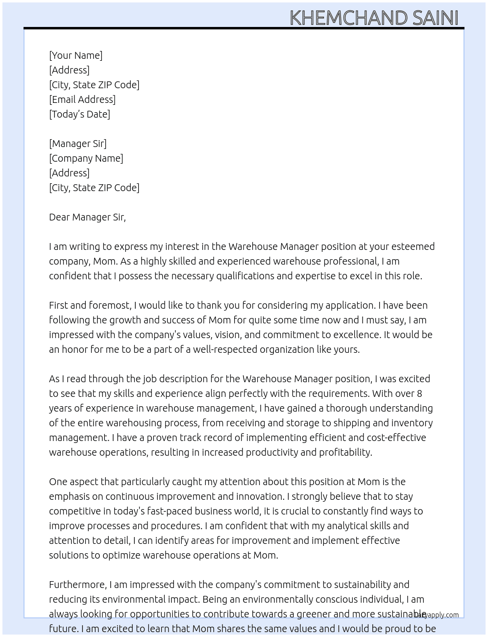 Warehouse  At Mom Cover Letter