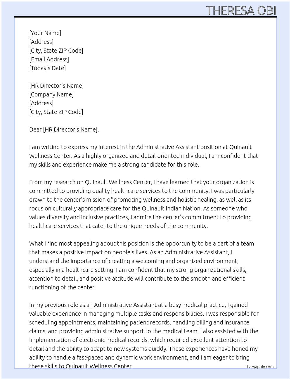 Administrative Assistant  At Quinault Wellness Center  Cover Letter