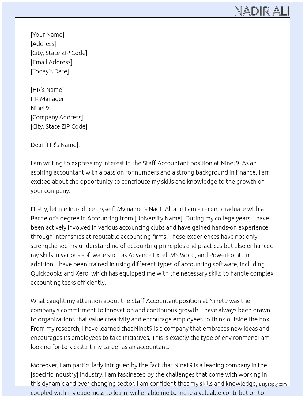 Staff accountant At Ninet9 Cover Letter