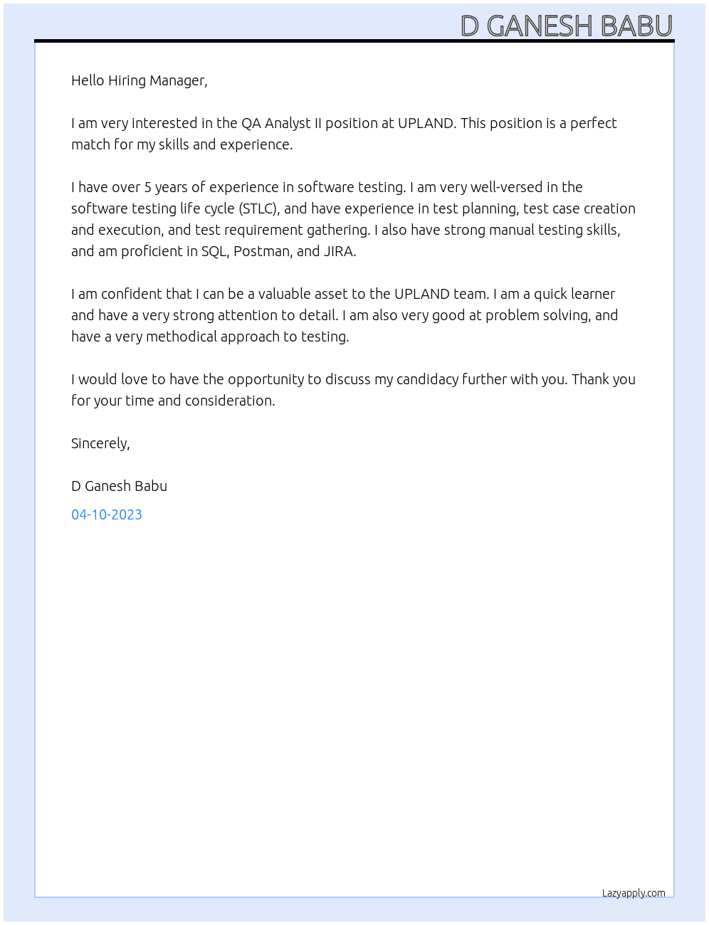 QA Analyst II At UPLAND Cover Letter