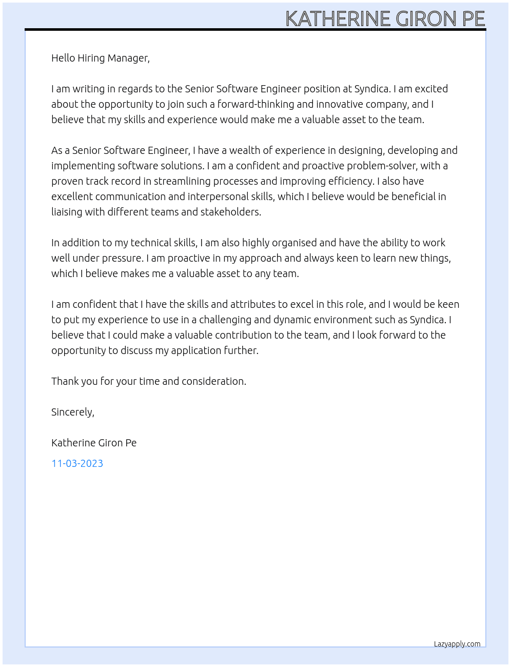 Senior Software Engineer At Syndica Cover Letter