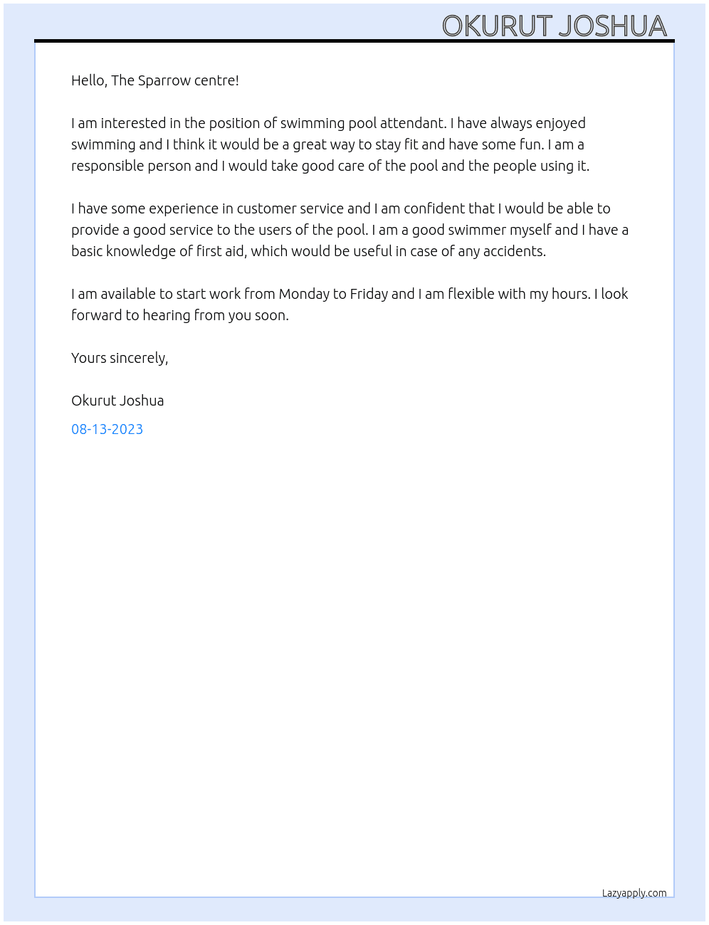 Swimming pool attendant  At The Sparrow centre  Cover Letter
