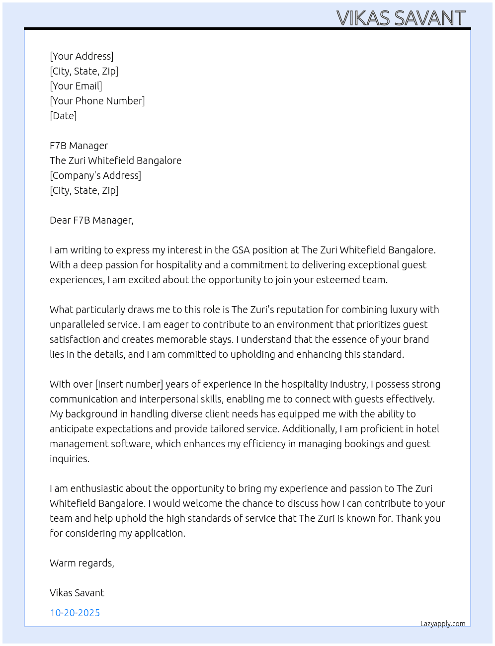 GSA At the zuri whitwfield benglore Cover Letter