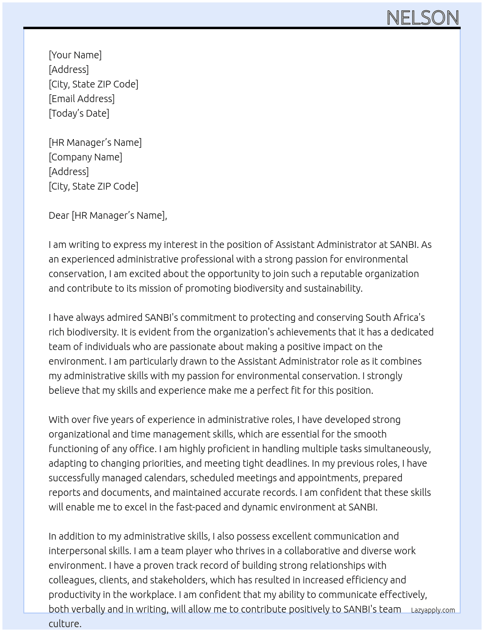 Assistant Administrator At SANBI Cover Letter