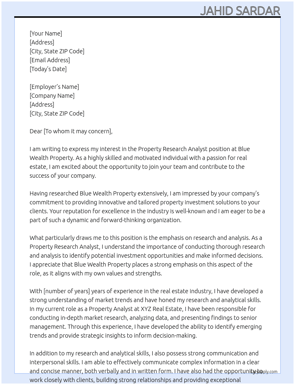 Property Research Analyst At Blue Wealth Property  Cover Letter
