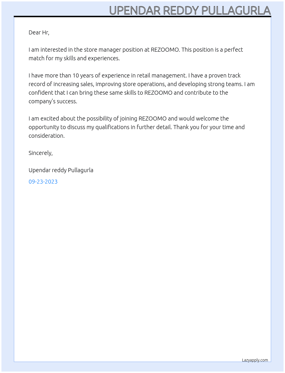 Store manager  At REZOOMO  Cover Letter