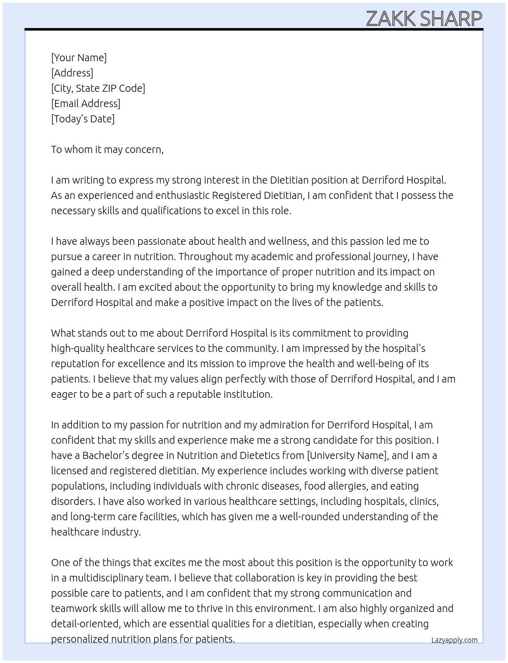 Dietitian  At Derriford Hospital  Cover Letter