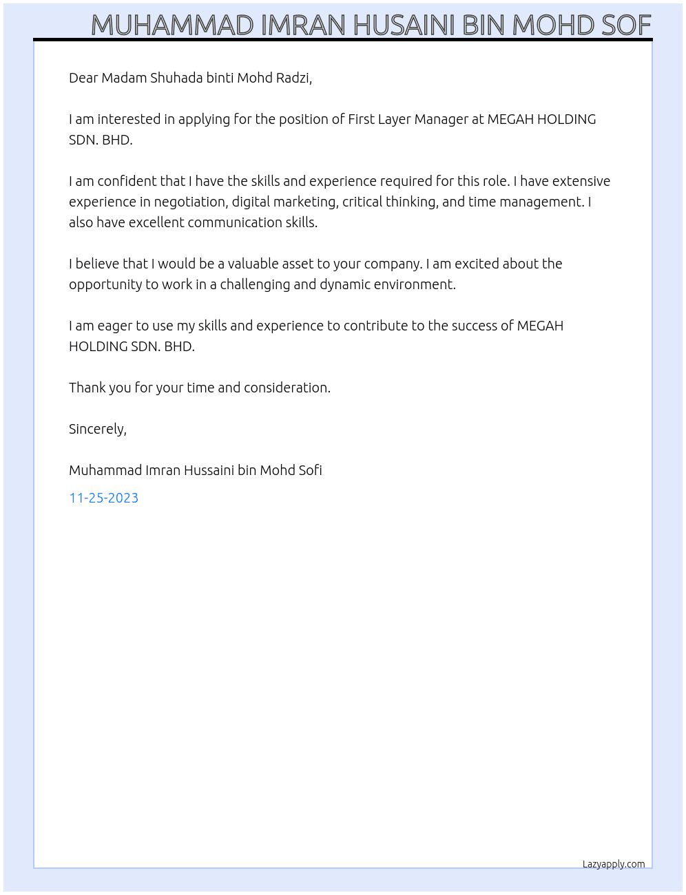 First Layer Manager At MEGAH HOLDING SDN. BHD. Cover Letter