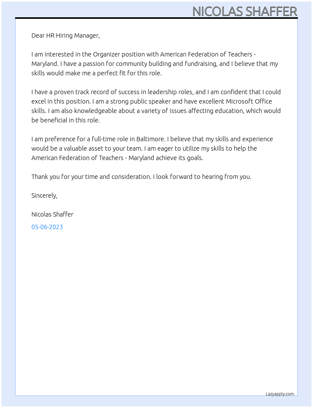 Organizer At American Federation of Teachers - Maryland Cover Letter