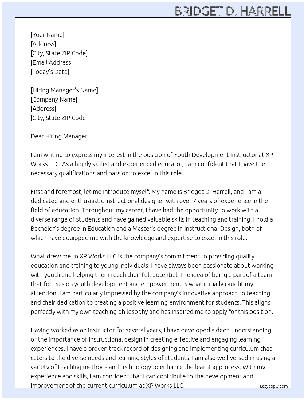Youth Development Instructor At XP Works LLC Cover Letter