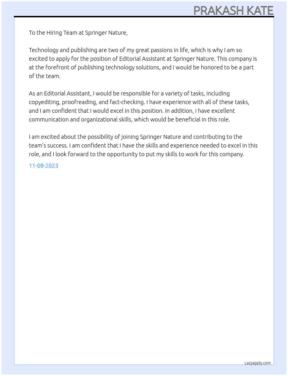 Editorial Assistant At pringer nature technology and publishing solutions Cover Letter