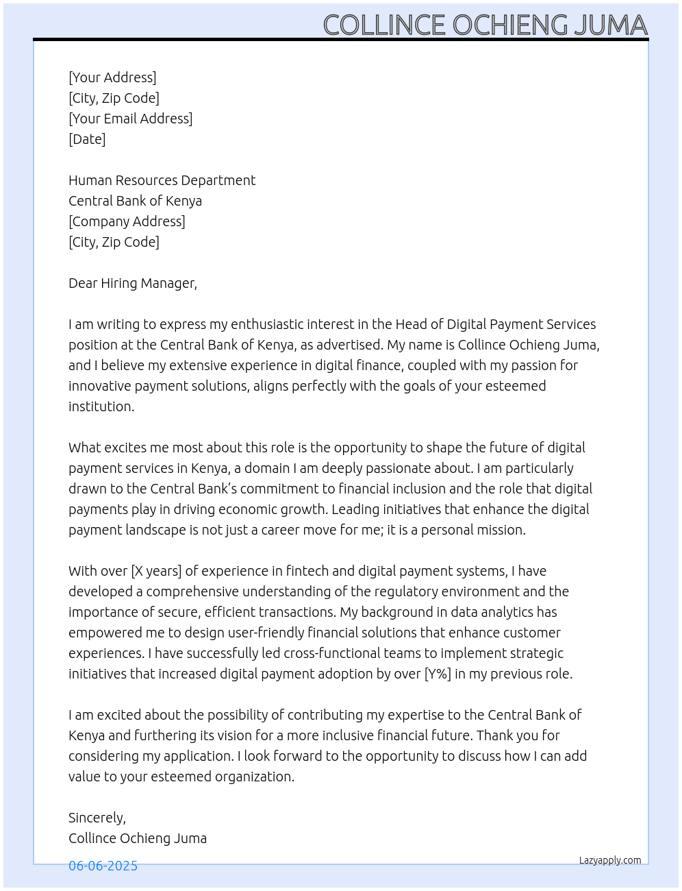 head of digital payment services At CENTRAL BANK OF KENYA Cover Letter