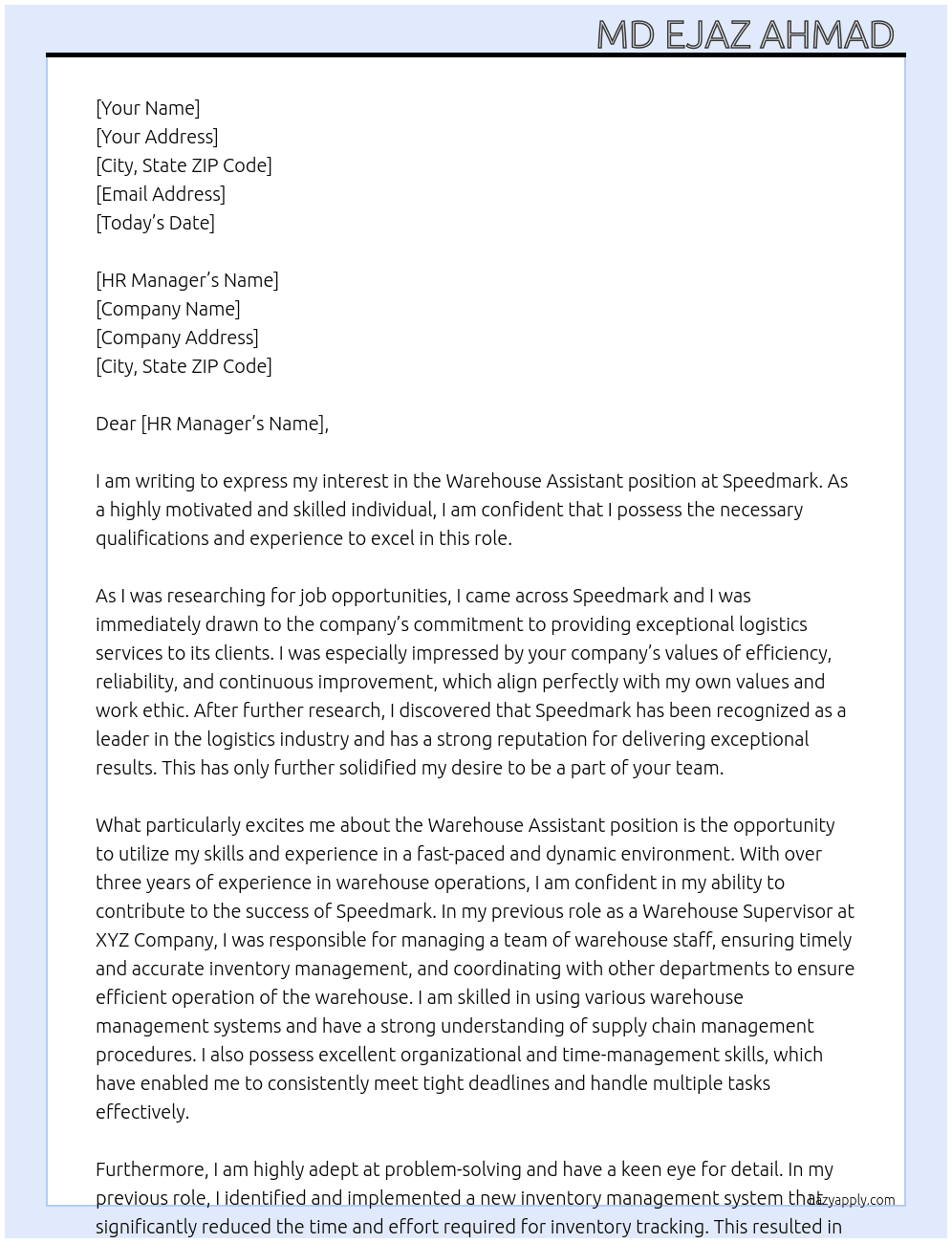 Warehouse assistant At Speedmark  Cover Letter