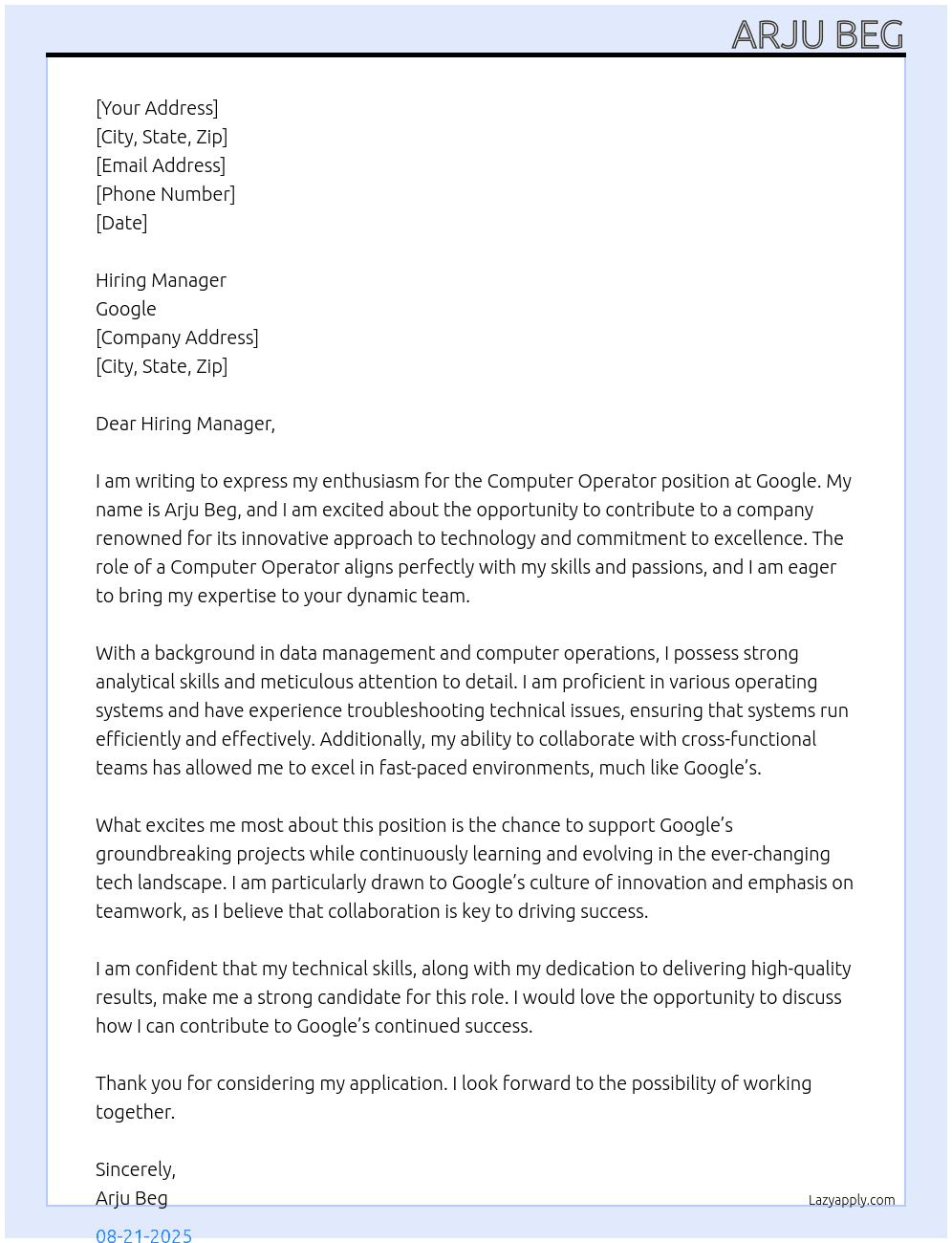 Computer operator  At Google  Cover Letter