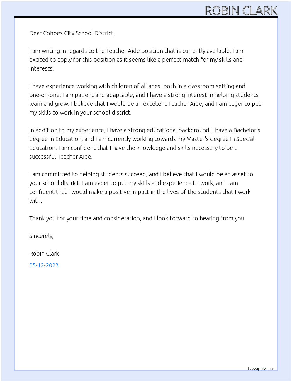 Teacher Aide At Teacher Assistant Cover Letter