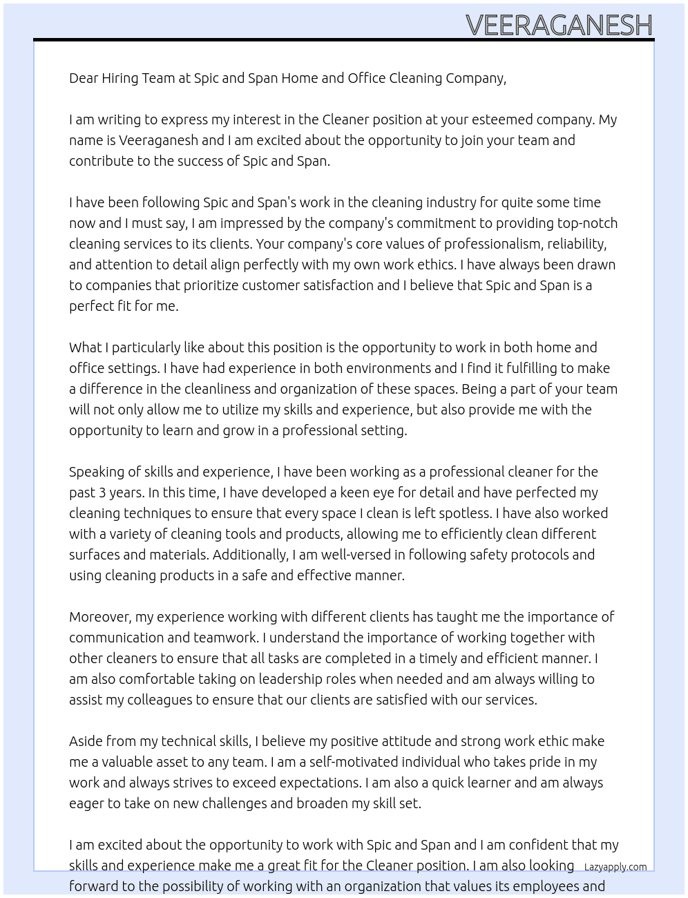 Cleaner At Spic and span home and office cleaning company Cover Letter