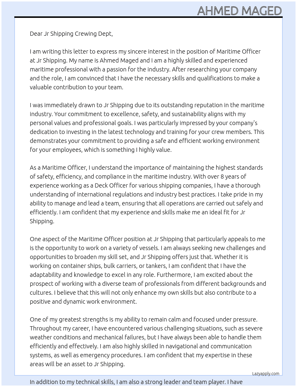 Maritime Officer At Jr Shipping Cover Letter