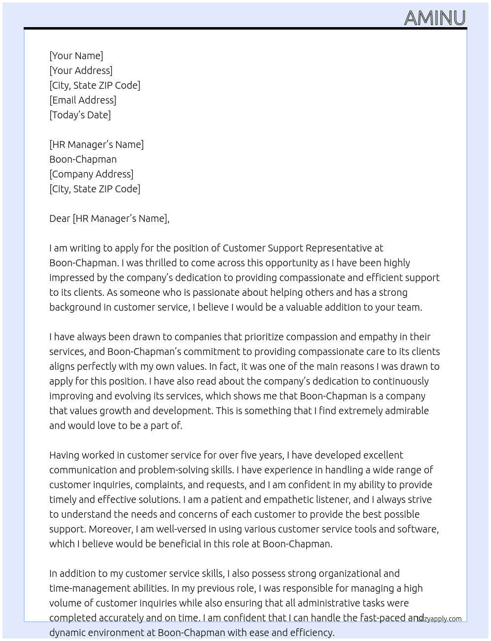 customer support representative At Boon-Chapman  Cover Letter