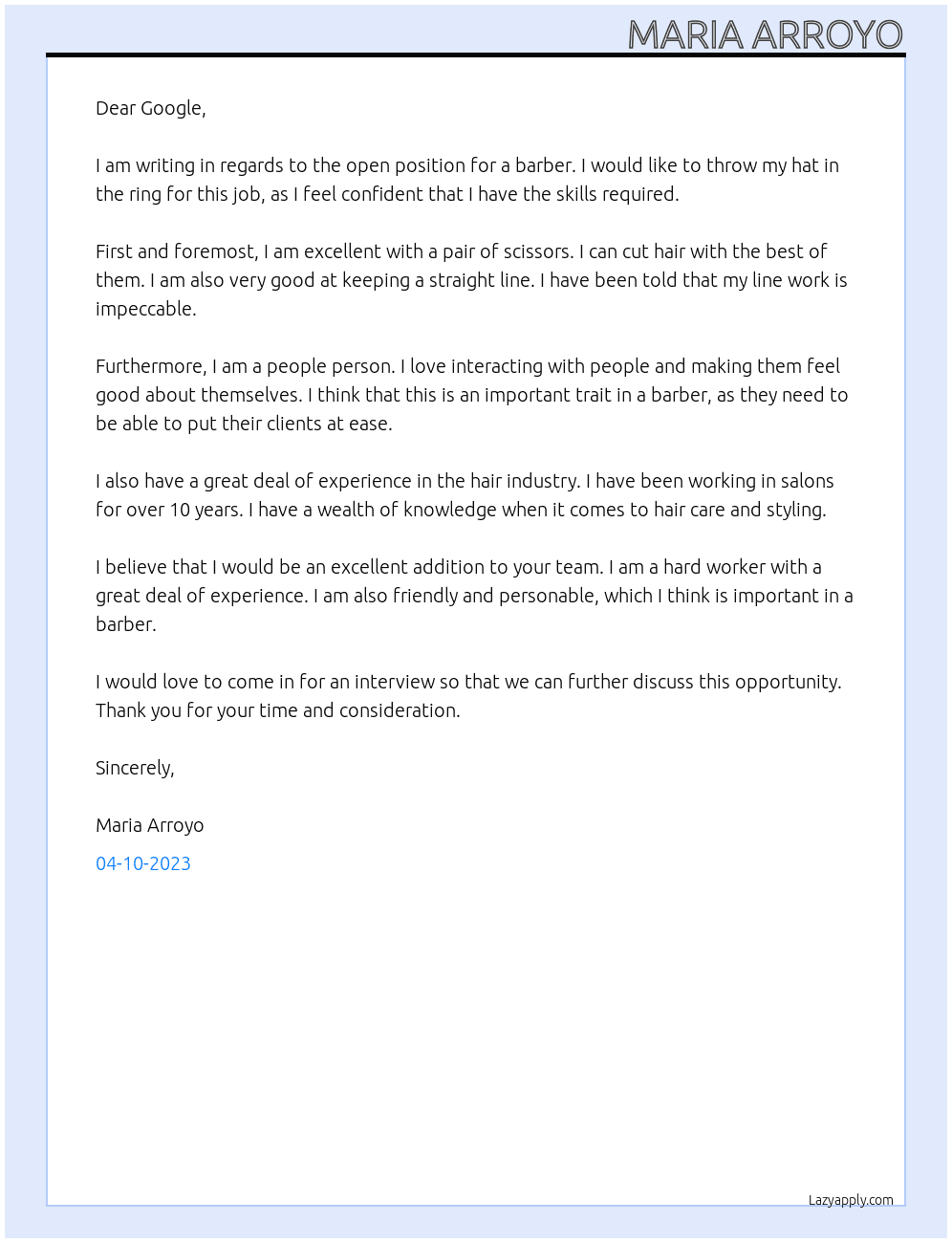 barber At google Cover Letter