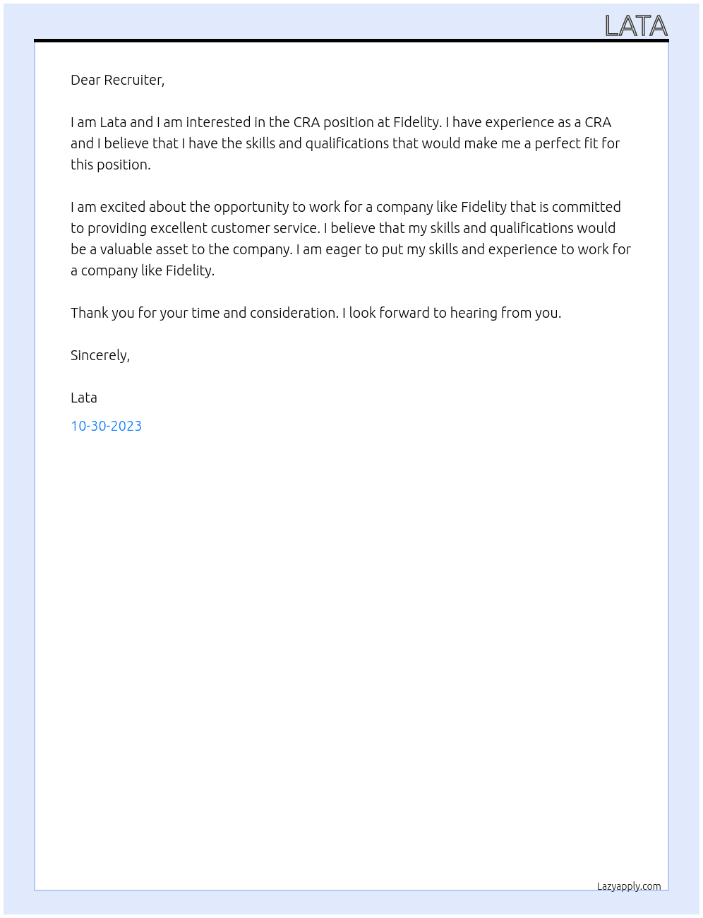CRA At Fidelity Cover Letter