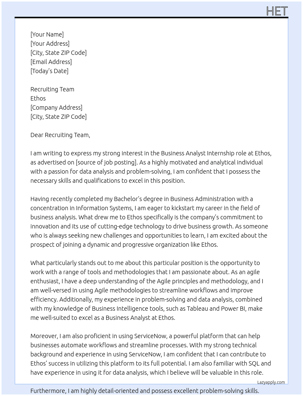 Business Analyst At Ethos Cover Letter