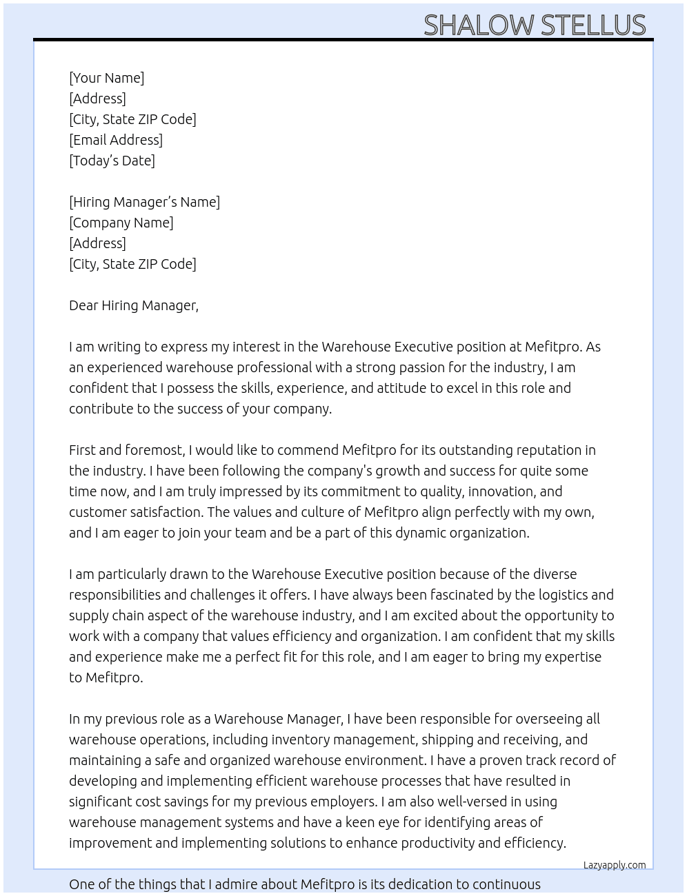 Warehouse executive  At Mefitpro Cover Letter