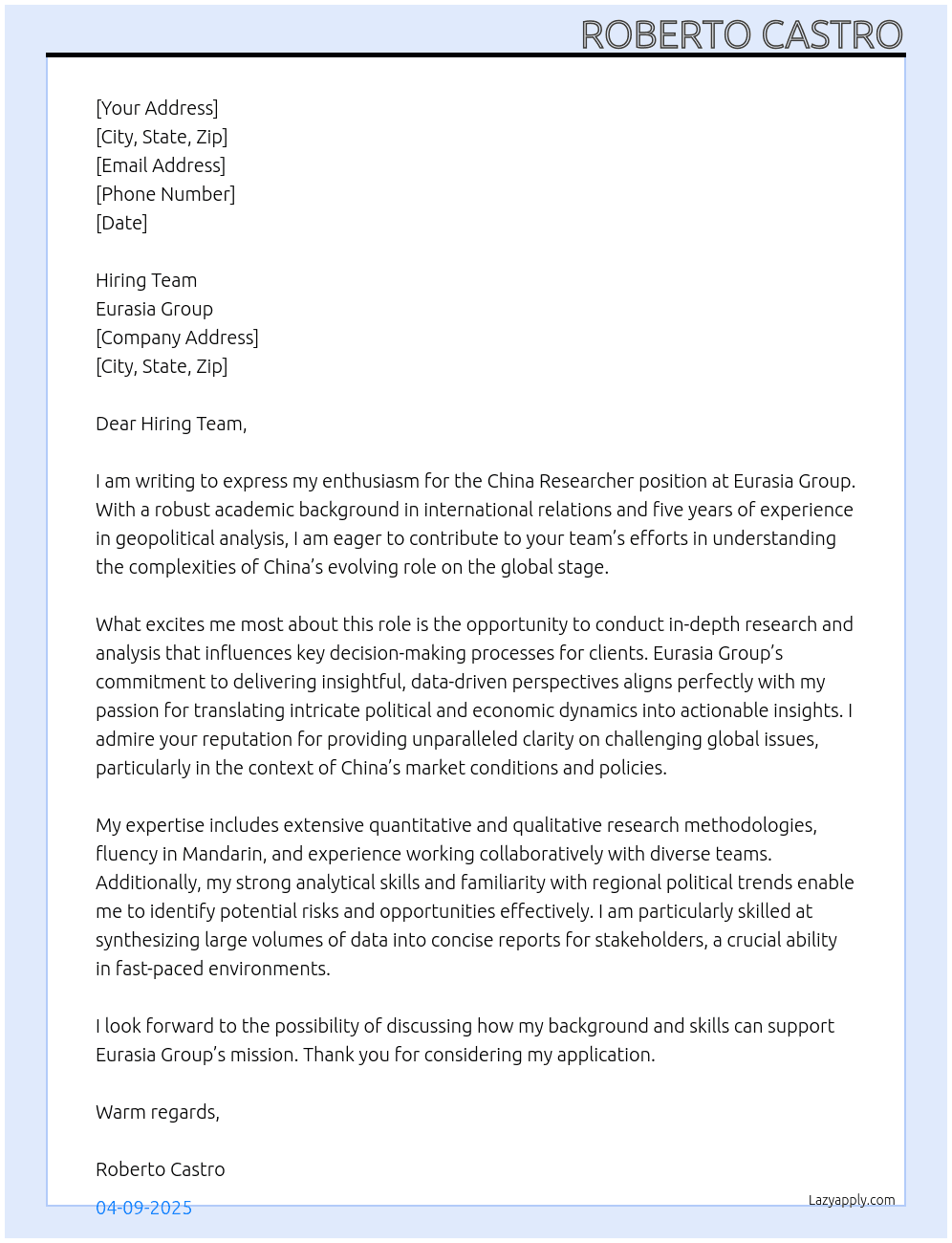 China Researcher  At Eurasia Group Cover Letter