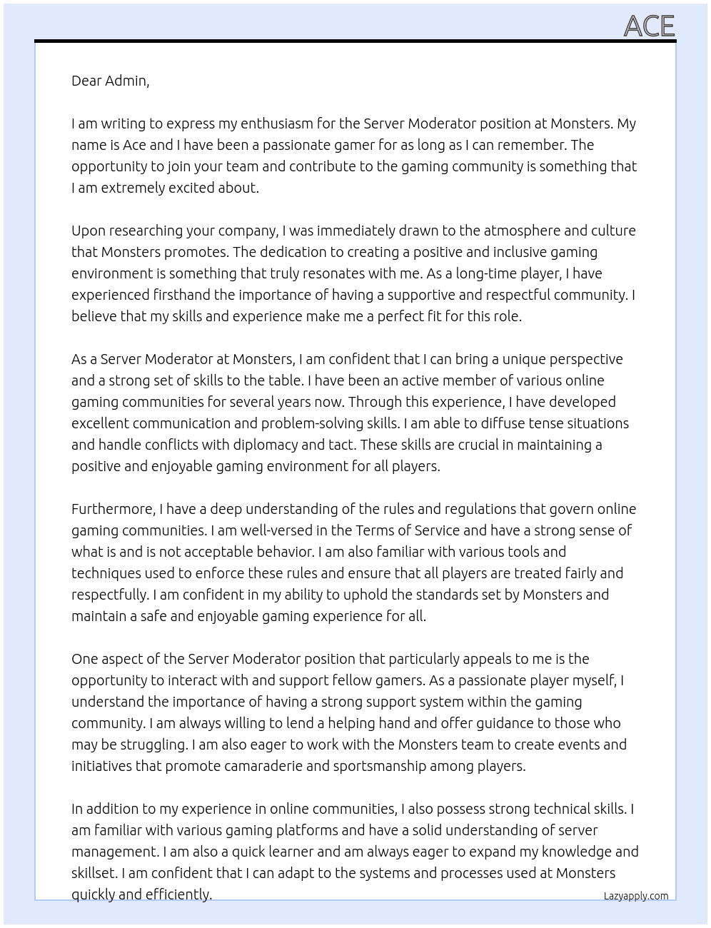 Sever Moderator  At Monsters  Cover Letter