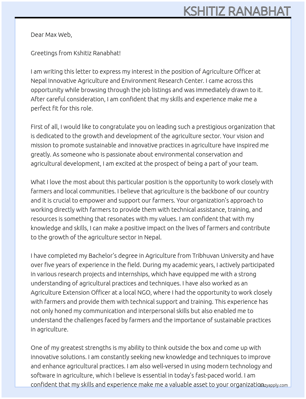 Agriculture officer At Nepal Innovative Agriculture and Environment Research Center Cover Letter