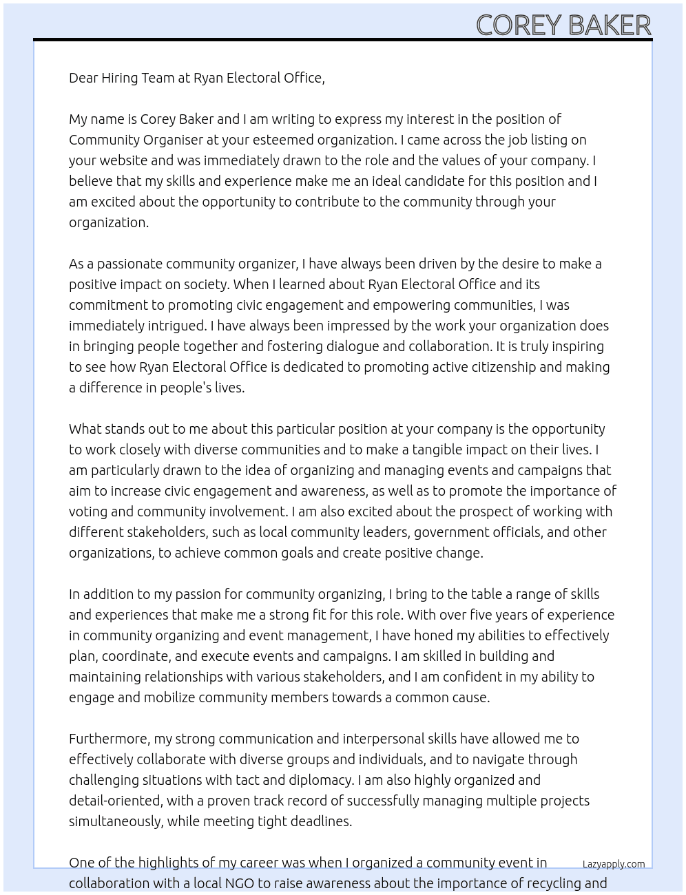 Community Organiser At Ryan Electoral Office Cover Letter