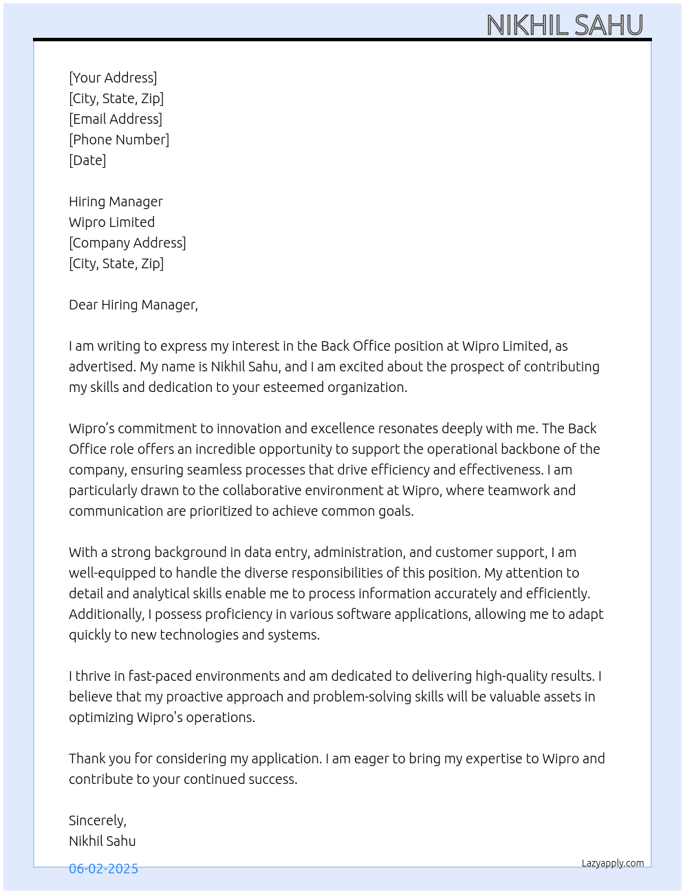 Back office  At Wipro limited  Cover Letter