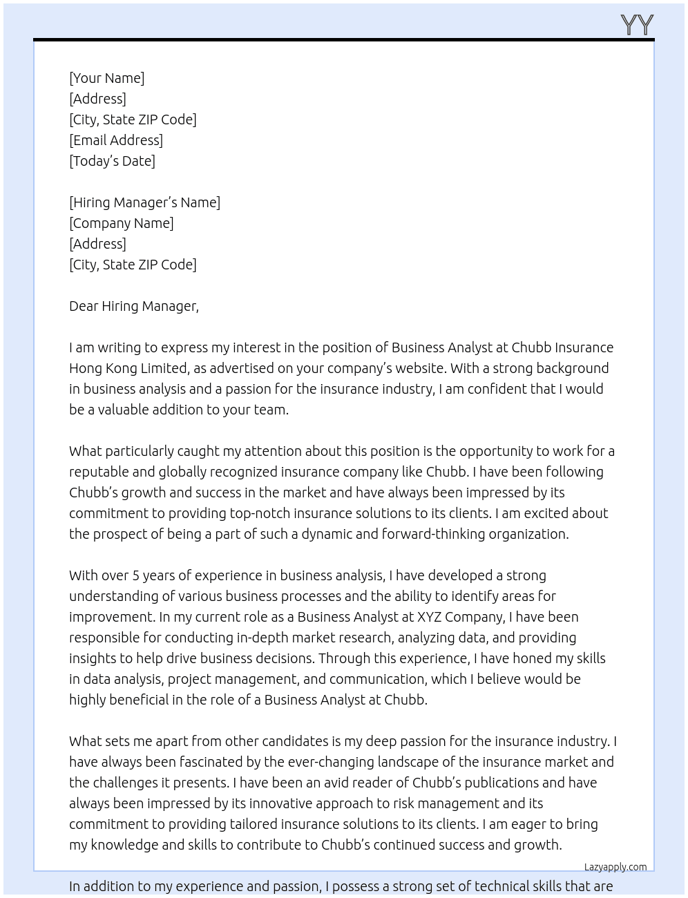 Business Analyst At Chubb Insurance Hong Kong Limited Cover Letter