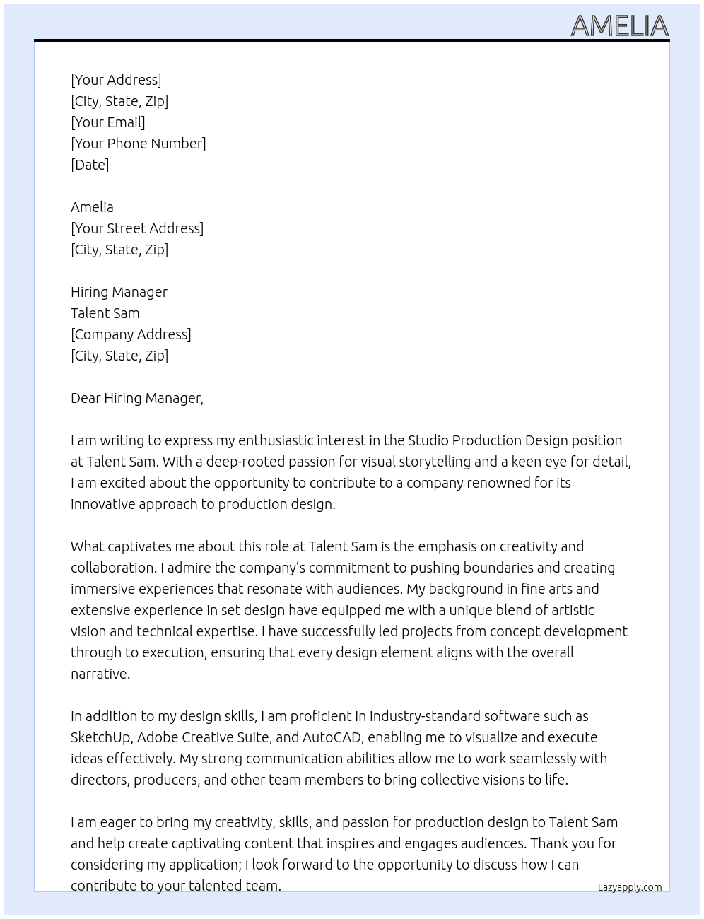 Studio production design At Talent sam  Cover Letter