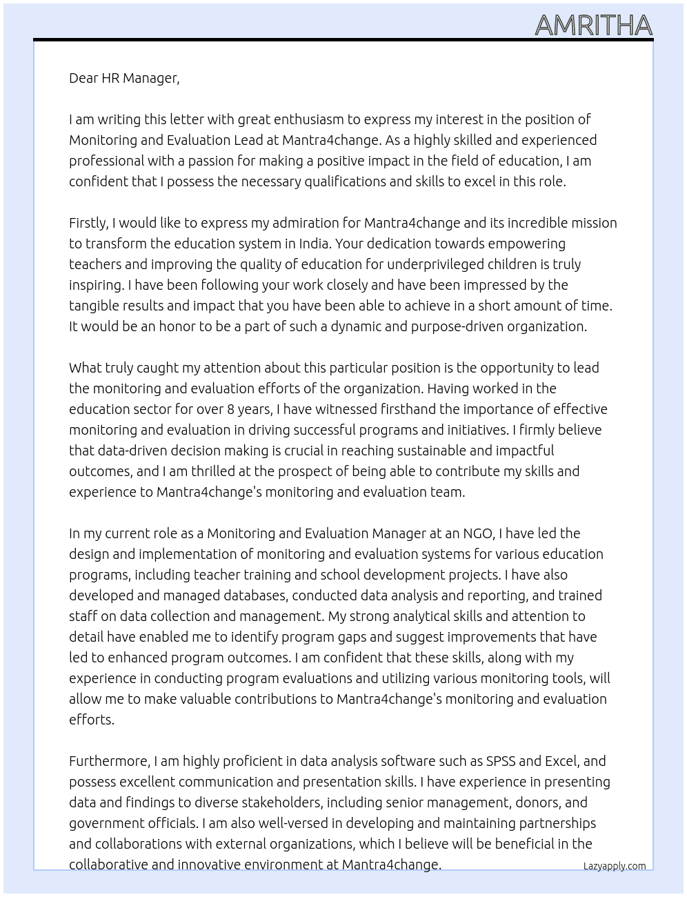 Monitoring and Evaluation Lead At Mantra4change Cover Letter