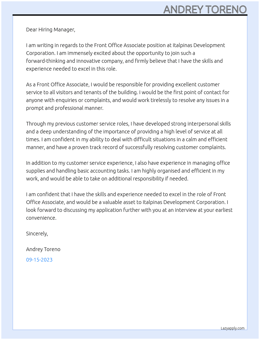 Front Office Associate At Italpinas Development Corporation Cover Letter