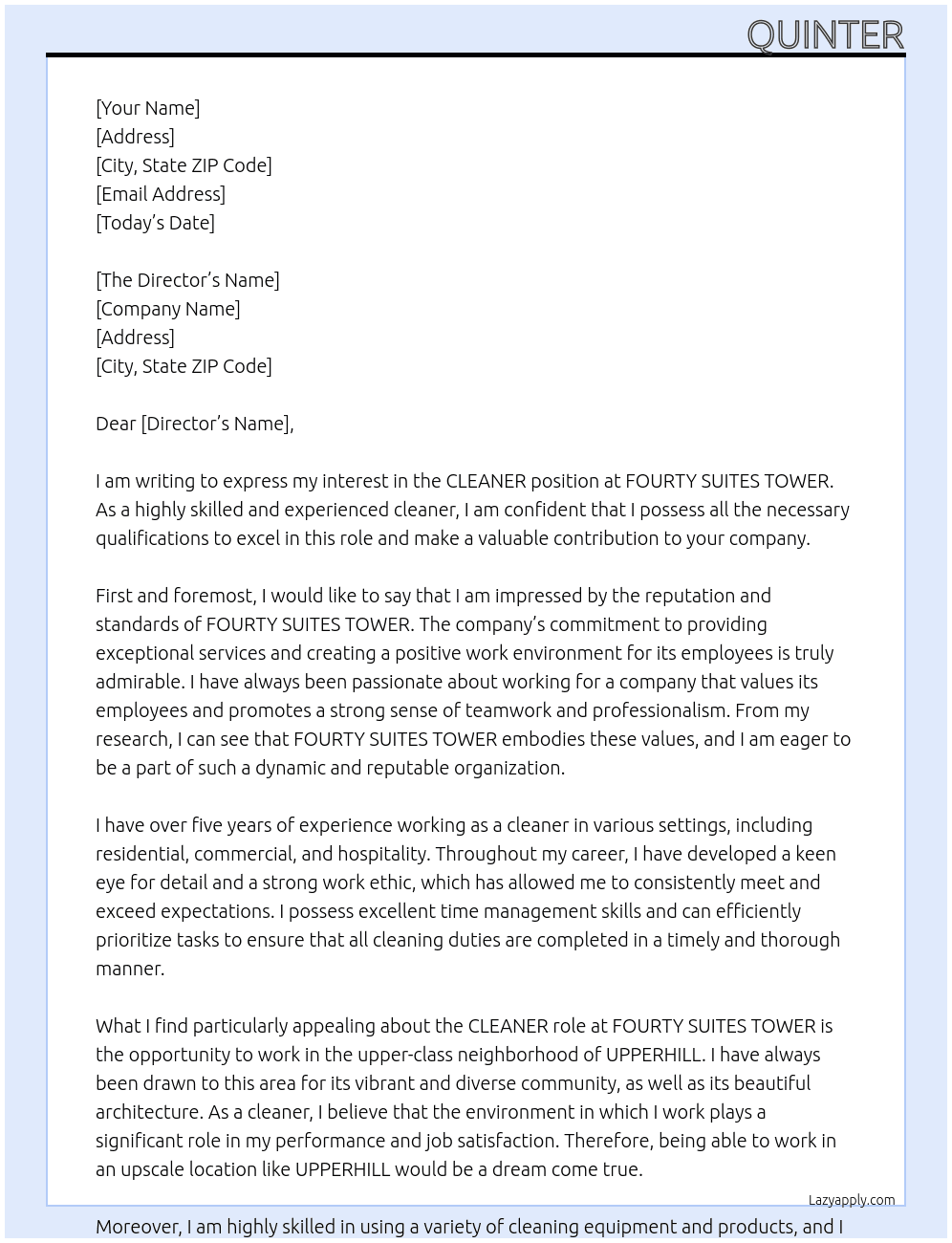 CLEANER At FOURTY SUITES TOWER Cover Letter